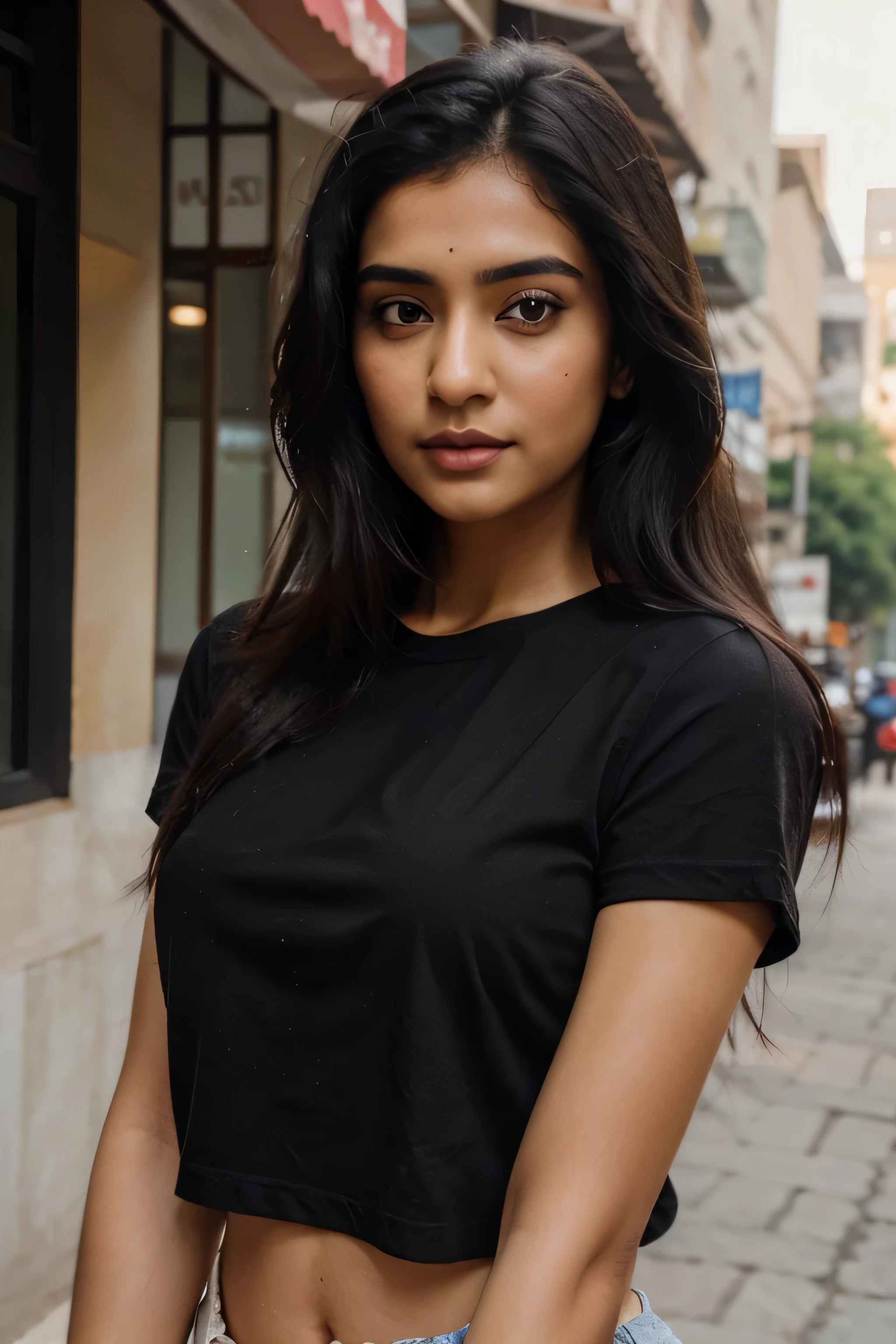 A realistic portrait of a beautiful Indian woman with black hair, influencer, light brown eyes, no makeup, black t-shirt, Instagram, photography