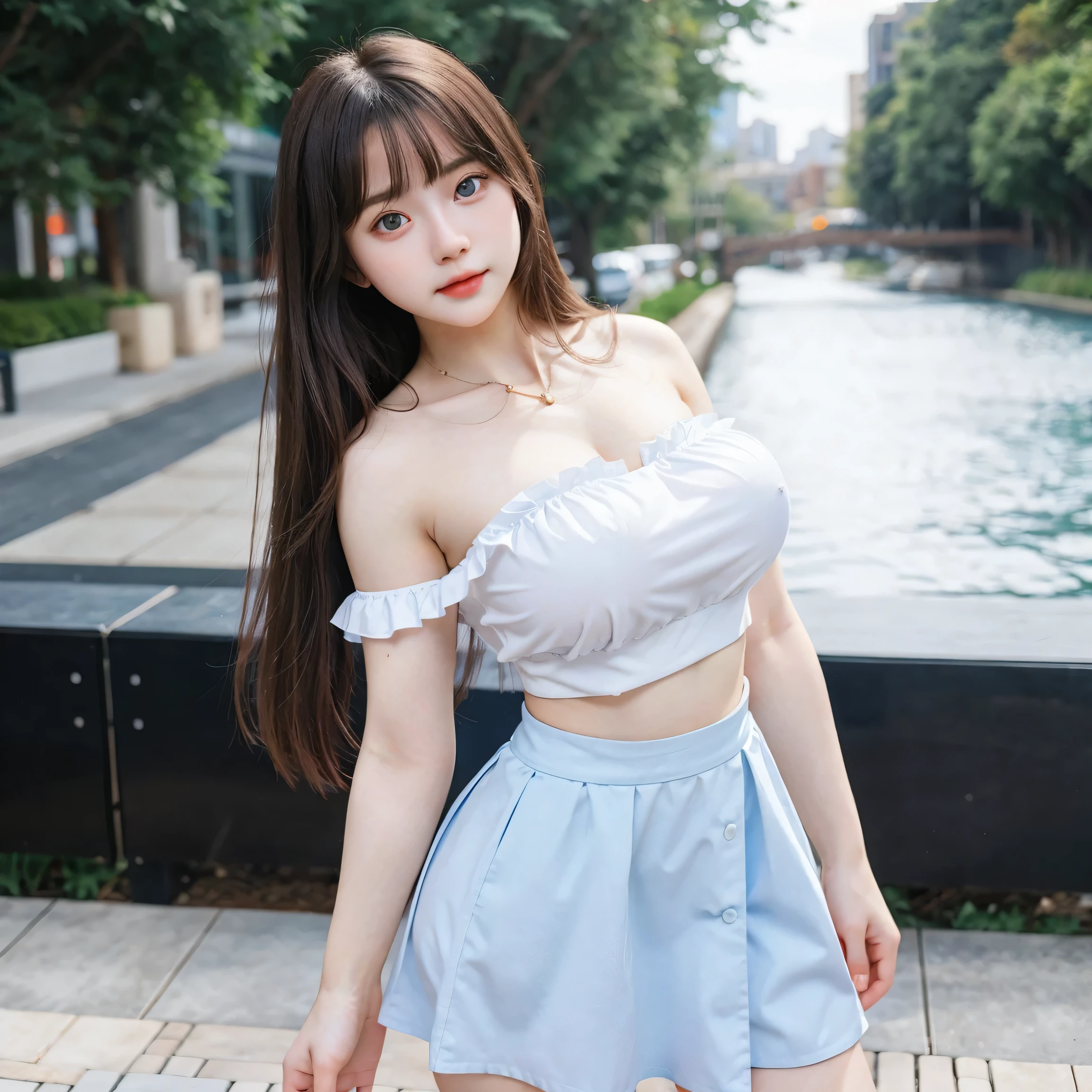 Gorgeus Girl, Beautiful, Baby Face, 25 Years Old, White Skin, Colossal Breasts, Side Pose, Outfit Straps, strapless shirt, mini skirt, Blue Eye, Muscles, Bokeh, Modern Place Background, Masterpiece, Fullbody Shot, Straight Hair