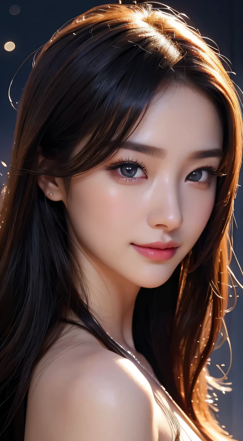 Beautiful woman in kimono，body portrait、8k，fine and beautiful eyes，Dindal effect、masterpiece, 最high quality, high quality, High resolution、very detailed photos、(natural skin texture、fine skin、hyper realism、Super sharpness)、high detail skin、(very detailed、fine skin texture、intricate details、beautiful face、(lifelike face)、realistic eyes、beautiful and detailed eyes、real looking skin、beautiful skin、surreal、very detailed、golden ratio、with smiling eyes、((night moonlight background))、body portrait、G cup、big breasts,glamorous,shiny bodysuit