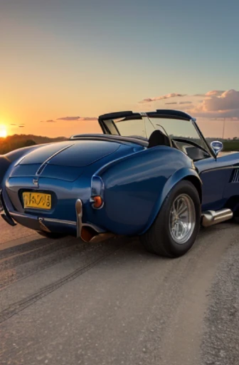 masterpiece, best quality, cinematic photo of classic, shelby cobra, vintage car, glossy surface, wild west background, sunset, high resolution, photograph, film, highres