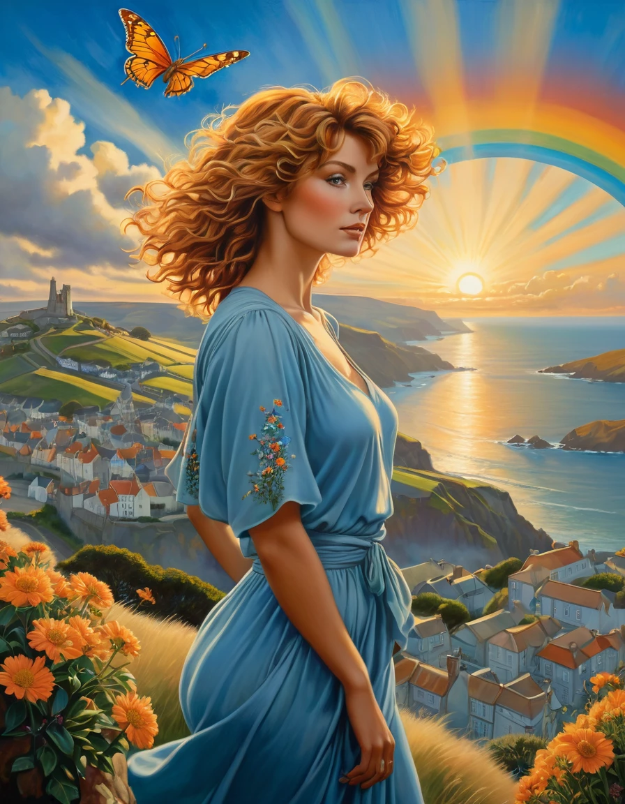 A breathtaking photorealistic oil painting by Don Lawrence, inspired by Alphonse Mucha and the Studio Ghibli aesthetic, capturing a beautiful British [woman:Farah Fawcett:0.1] with short, curly ginger hair. She stands atop a hill, gazing at the picturesque Cornwall city below. The warm sunset colors create a stunning contrast with the cool blues of the city, as a seagull soars in the sky. A butterfly hovers near vibrant flowers in the foreground, while a rainbow arches across the heavens. The overall atmosphere of the painting is cinematic and evocative, with the composition inviting viewers to immerse themselves in this enchanting scene., cinematic, painting