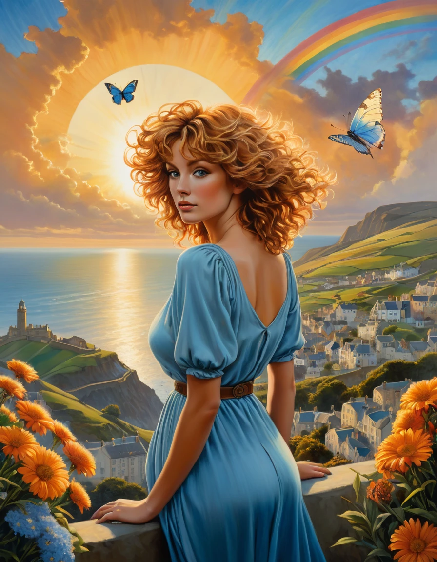 A breathtaking photorealistic oil painting by Don Lawrence, inspired by Alphonse Mucha and the Studio Ghibli aesthetic, capturing a beautiful British [woman:Farah Fawcett:0.1] with short, curly ginger hair. She stands atop a hill, gazing at the picturesque Cornwall city below. The warm sunset colors create a stunning contrast with the cool blues of the city, as a seagull soars in the sky. A butterfly hovers near vibrant flowers in the foreground, while a rainbow arches across the heavens. The overall atmosphere of the painting is cinematic and evocative, with the composition inviting viewers to immerse themselves in this enchanting scene., cinematic, painting