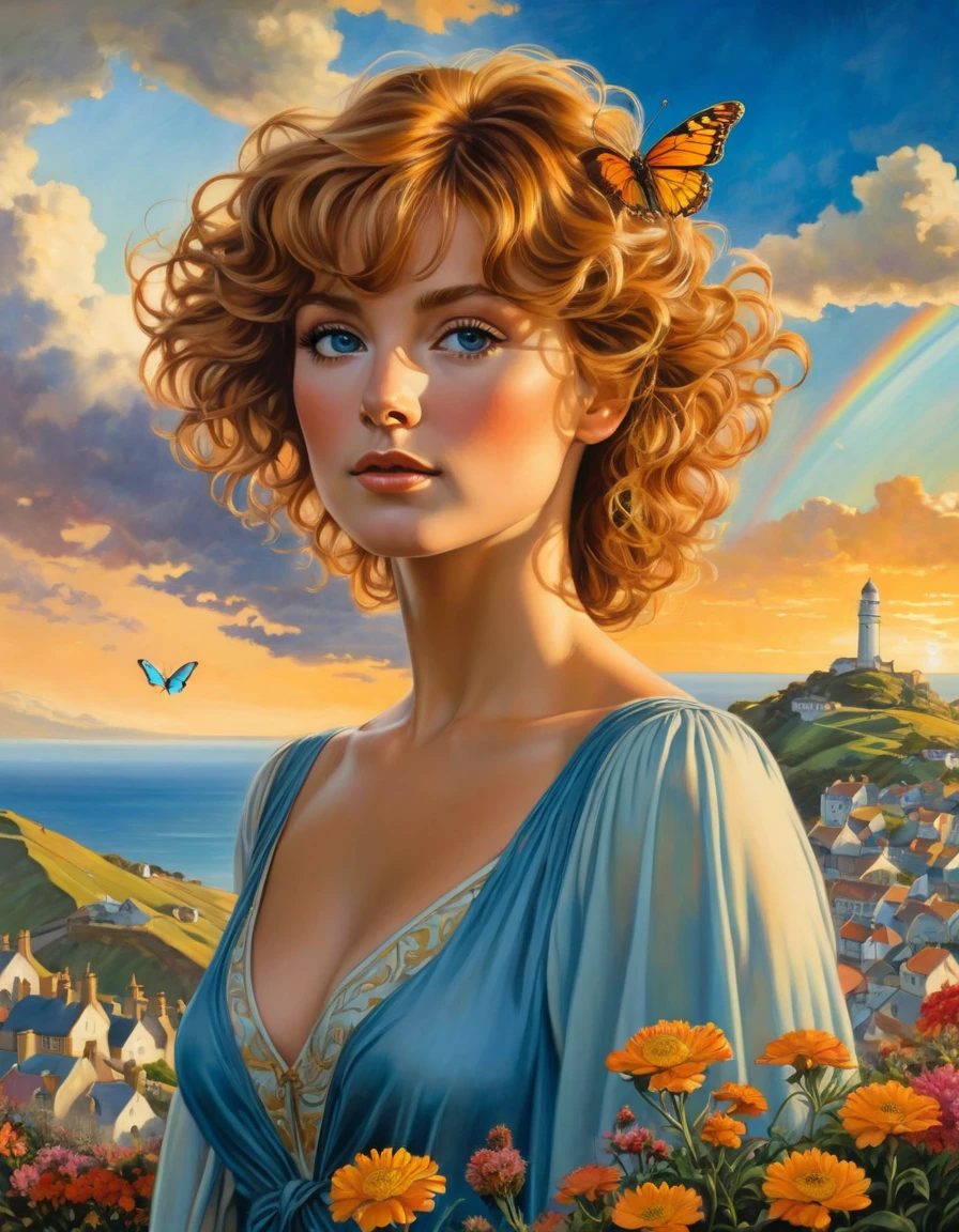 A breathtaking photorealistic oil painting by Don Lawrence, inspired by Alphonse Mucha and the Studio Ghibli aesthetic, capturing a beautiful British [woman:Farah Fawcett:0.1] with short, curly ginger hair. She stands atop a hill, gazing at the picturesque Cornwall city below. The warm sunset colors create a stunning contrast with the cool blues of the city, as a seagull soars in the sky. A butterfly hovers near vibrant flowers in the foreground, while a rainbow arches across the heavens. The overall atmosphere of the painting is cinematic and evocative, with the composition inviting viewers to immerse themselves in this enchanting scene., cinematic, painting