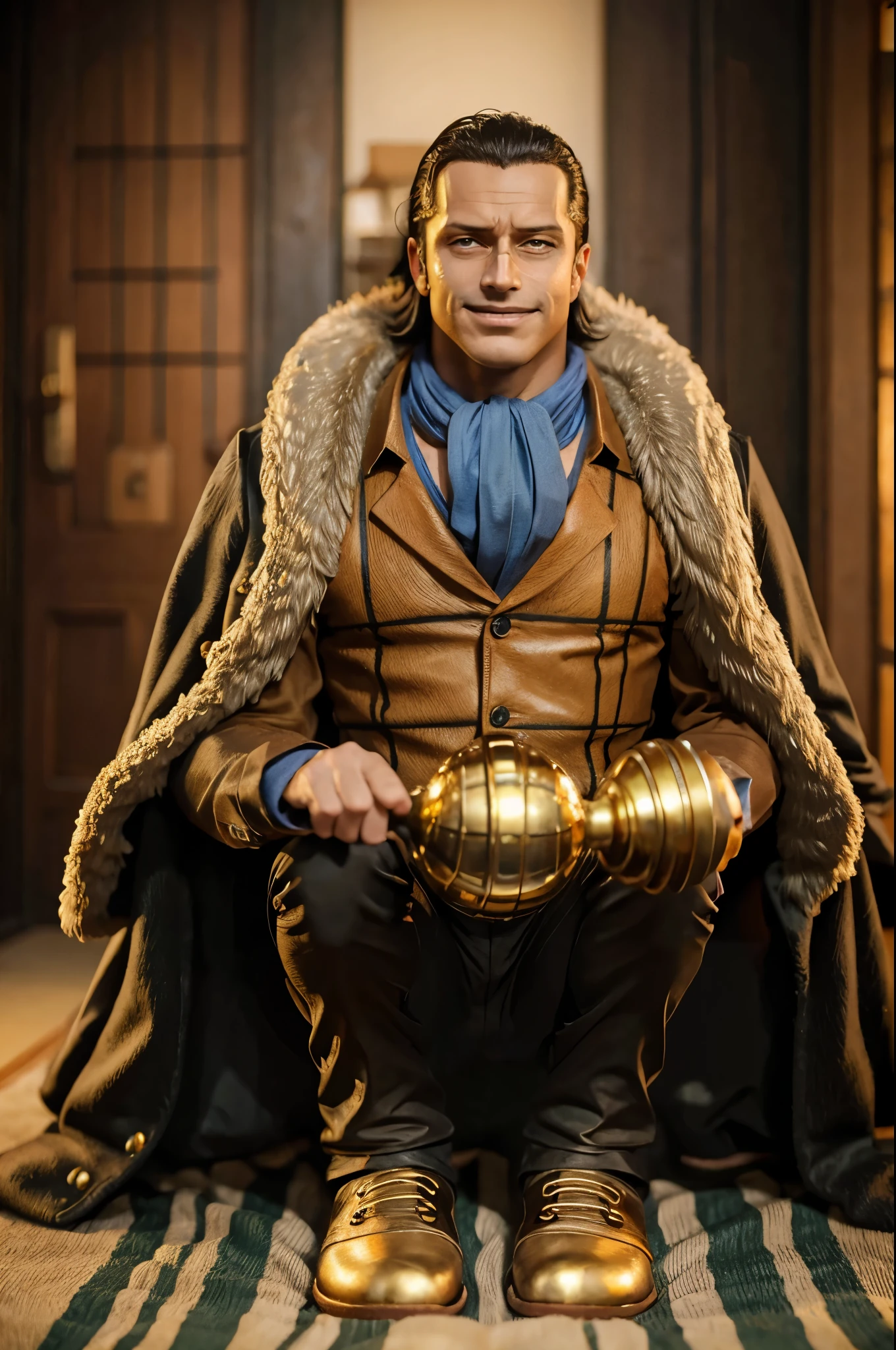 masterpiece, best quality, extremely detailed, hyperrealistic, photorealistic, a cool 40s man, ultra detailed face:1.2, fur-trimmed coat, scarf around the neck, his left hand is a golden pirate hook:1.1, japanese style room:1.3, sly smile, tatami, shoji
