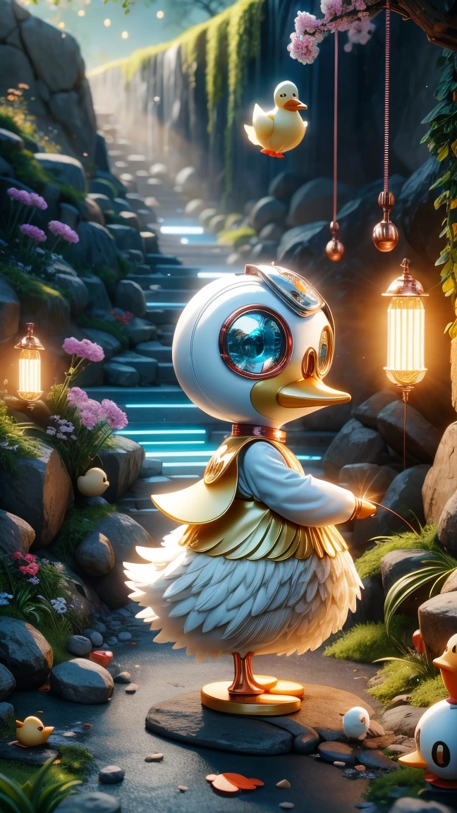 Pixar style, (Blind box toy style:1.2), Cute mechanical duck wearing clothes，透明发Light，霓虹灯Light，High precision mechanical parts，Its body is made of high-quality copper and silver.，眼睛像两颗发Light的宝石，Clean, White background, (global illumination, Light线追踪, high dynamic range, Unreal rendering, Reasonable design, high detail, masterpiece, best quality, ultra high definition, Light)，chibi, 3d