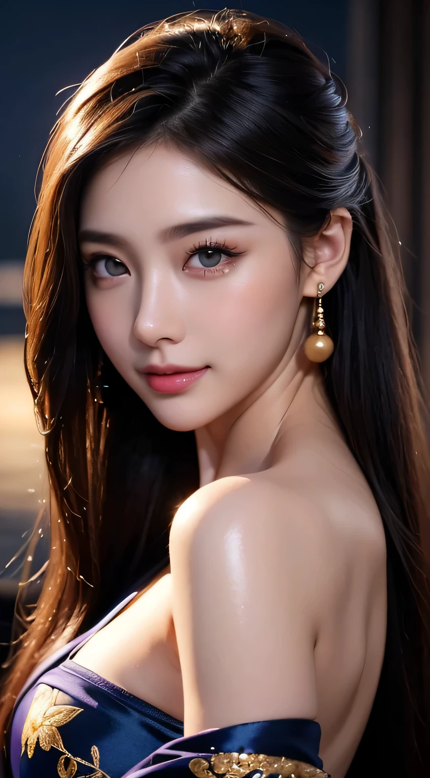 (top-quality、4K、​masterpiece:1.3)、Beautuful Women、1 female、(Attractive body:1.2)、abdominals:1.1、Brown hair:1.1、hyperdetailed face、Detailed lips、A detailed eye、二重まぶた、Open cleavage、Hostess of Roppongi、fullnude