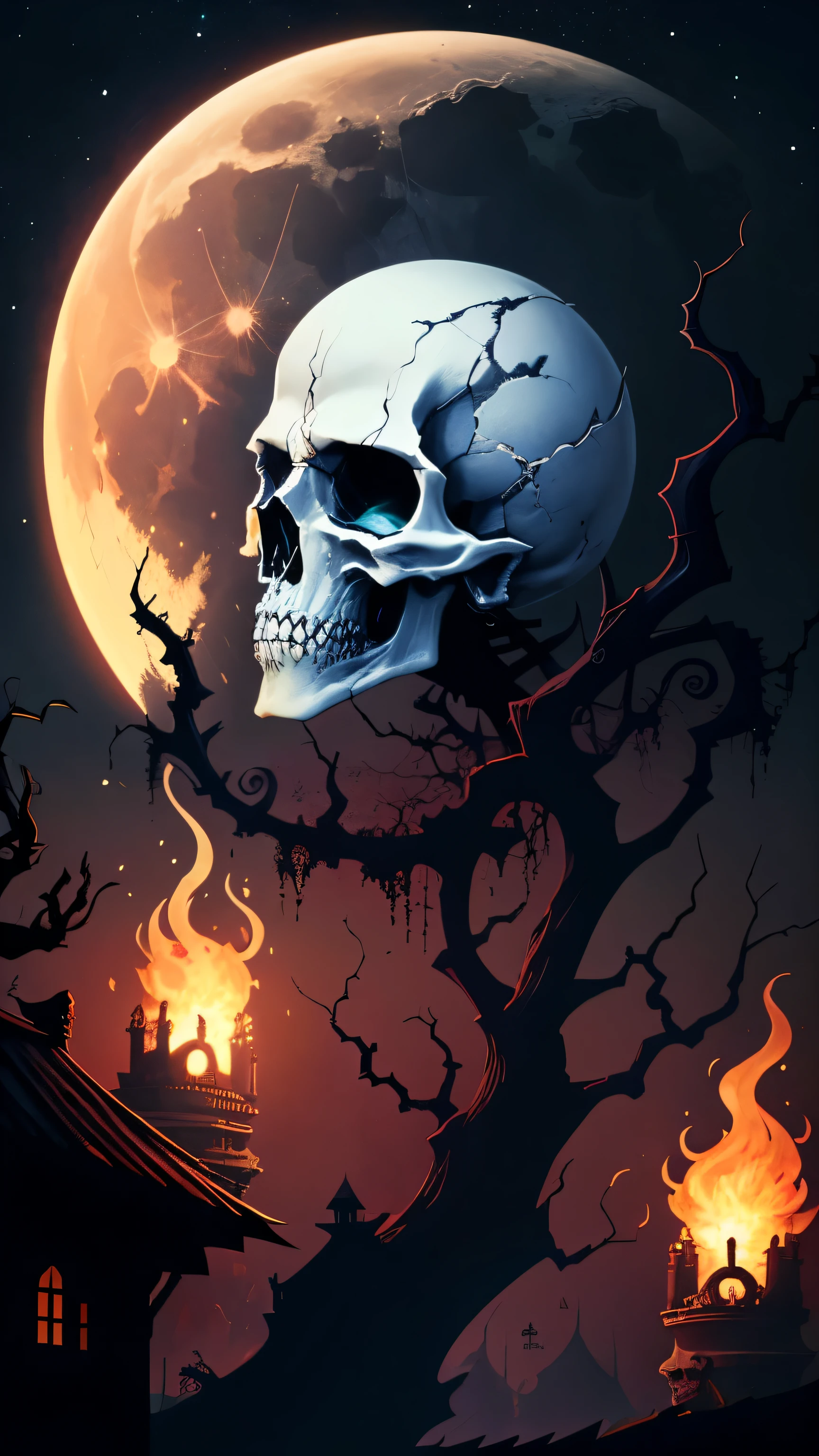 Skull, evil, detailled, moon, horror