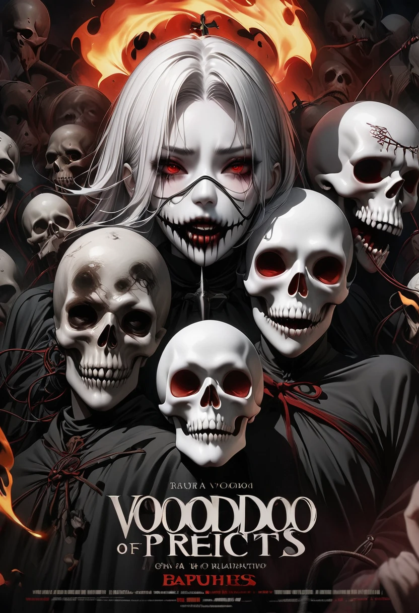 (masterpiece, best of quality), 8k wallpaper, Very detailed, poster, Voodoo Priests, exploitation, fire, skull, bone, Sexy, of, horror thriller cinematic movie poster, Bauhaus, shape, Wire, Abstract, publicity, movie poster, High quality, double contact.