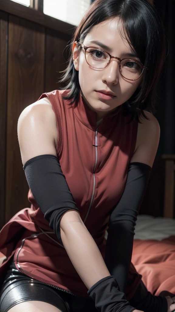 (best quality, high-res, realistic:1.2), Sarada Uchiha, short hair, detailed eyes, detailed lips, glasses, vibrant colors, dynamic pose, mid-action, Uchiha crest, sharingan activated, intense lighting, anime style