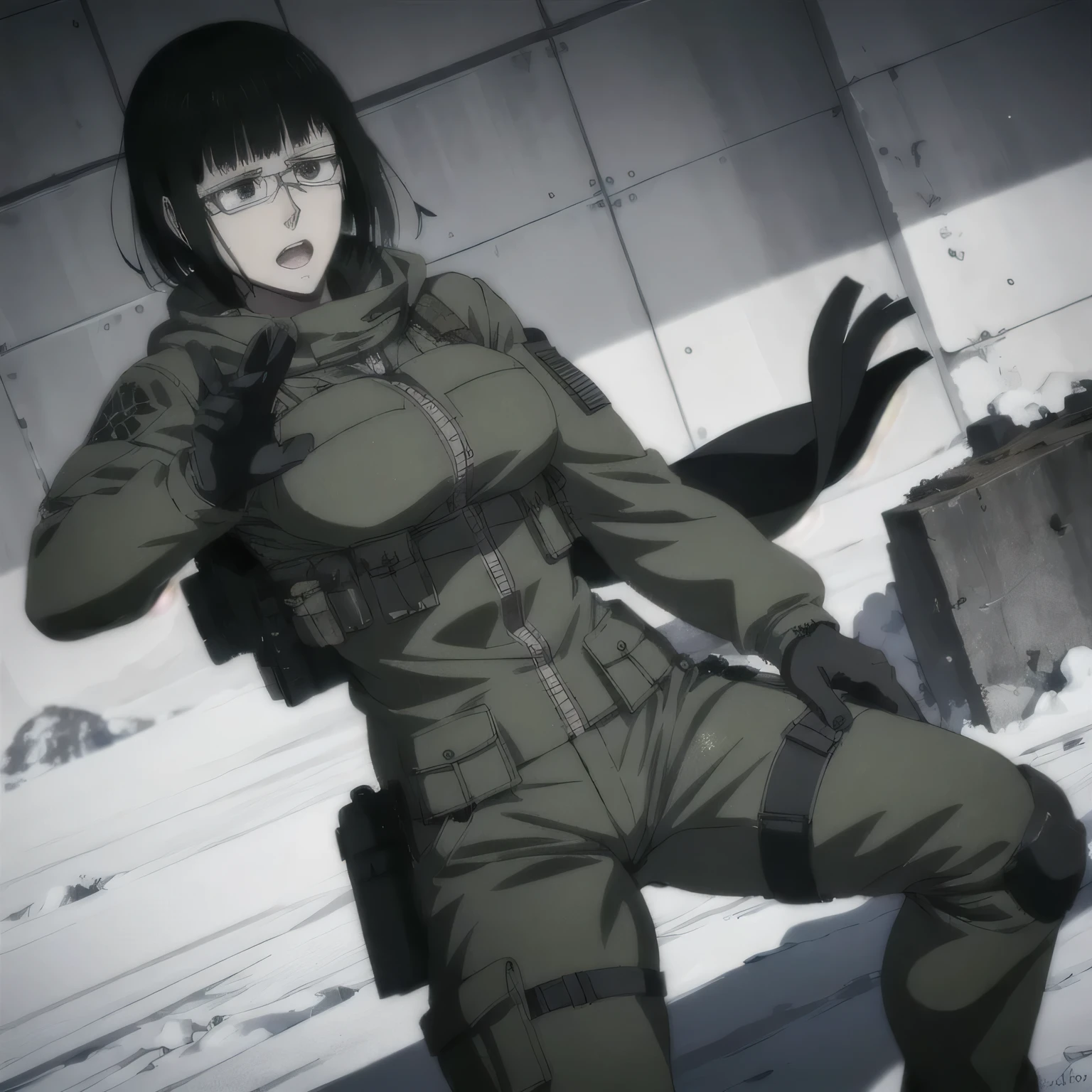 (best quality,ultra-detailed,realistic:1.37),musclaur badass girl wearing Winter jacket and Camouflage combat trousers, full review of the female character's face and body, intense expression, strong and confident posture, studio lighting, vivid colors, physiologically-based rendering, grungy texture, rugged background, dust particles in the air, commanding presence, professional, powerful, gritty aesthetics,,Valmet،short hair,