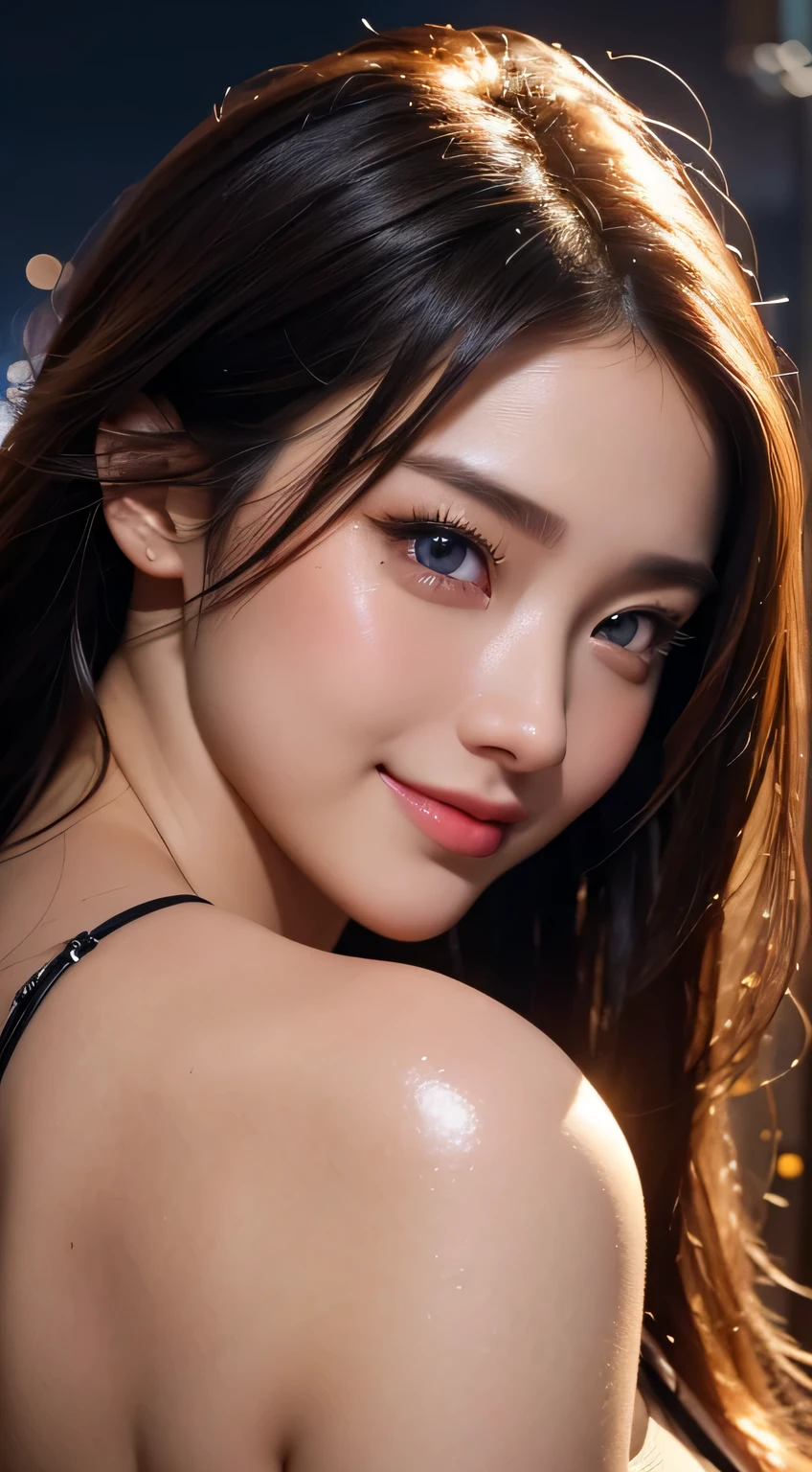 Beautiful woman in kimono，body portrait、8k，fine and beautiful eyes，Dindal effect、masterpiece, 最high quality, high quality, High resolution、very detailed photos、(natural skin texture、fine skin、hyper realism、Super sharpness)、high detail skin、(very detailed、fine skin texture、intricate details、beautiful face、(lifelike face)、realistic eyes、beautiful and detailed eyes、real looking skin、beautiful skin、surreal、very detailed、golden ratio、with smiling eyes、((night moonlight background))、body portrait、G cup、big breasts,Oily muscle、shiny skin、glamorous,shiny bodysuit