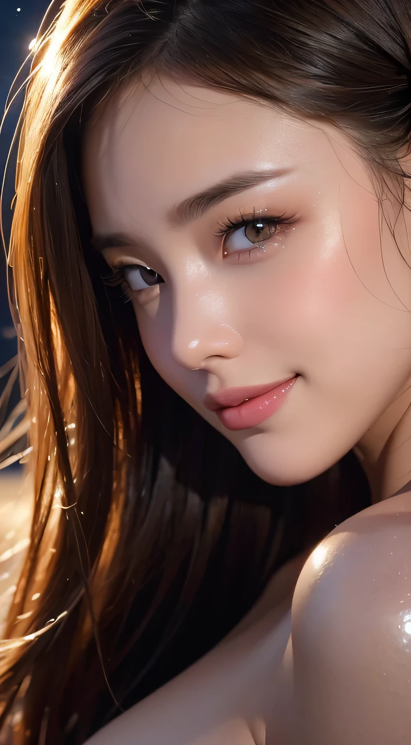 Beautiful woman，body portrait、8K，fine and beautiful eyes，Dindal effect、masterpiece, 最high quality, high quality, High resolution、very detailed写真、(natural skin texture、fine skin、hyper realism、Super sharpness)、high detail skin、(very detailed、fine skinの質感、intricate details、beautiful face、(lifelike face)、realistic eyes、beautiful and detailed eyes、ponytail、real looking skin、beautiful skin、big breasts、G cup、glamorous、shiny skin、oily muscles、take a shower in the bathroom、surreal、very detailed、golden ratio、with smiling eyes、((night moonlight background))、body portrait