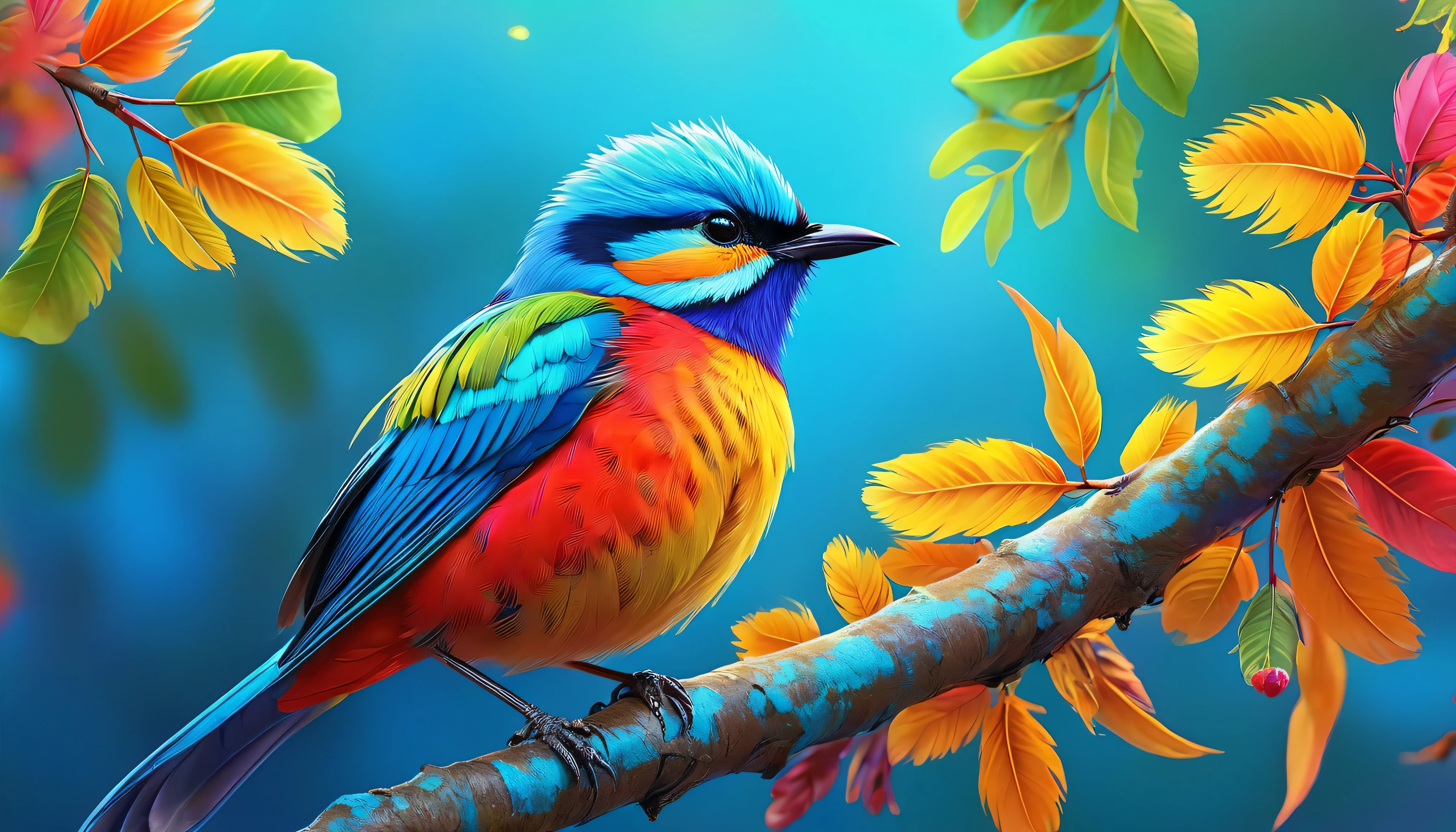 Brightly colored bird perched on a branch with leaves in the background, colorful hd images, Colorful 8 k, Long colorful bird, beautiful and colorful, 4K high-definition digital art, vivid realistic colors, painted in bright light blue, Beautiful digital painting, Colorful feathers, highly detailed digital paintings, Multicolored birds, Beautiful Art UHD 4K, beautiful colorful