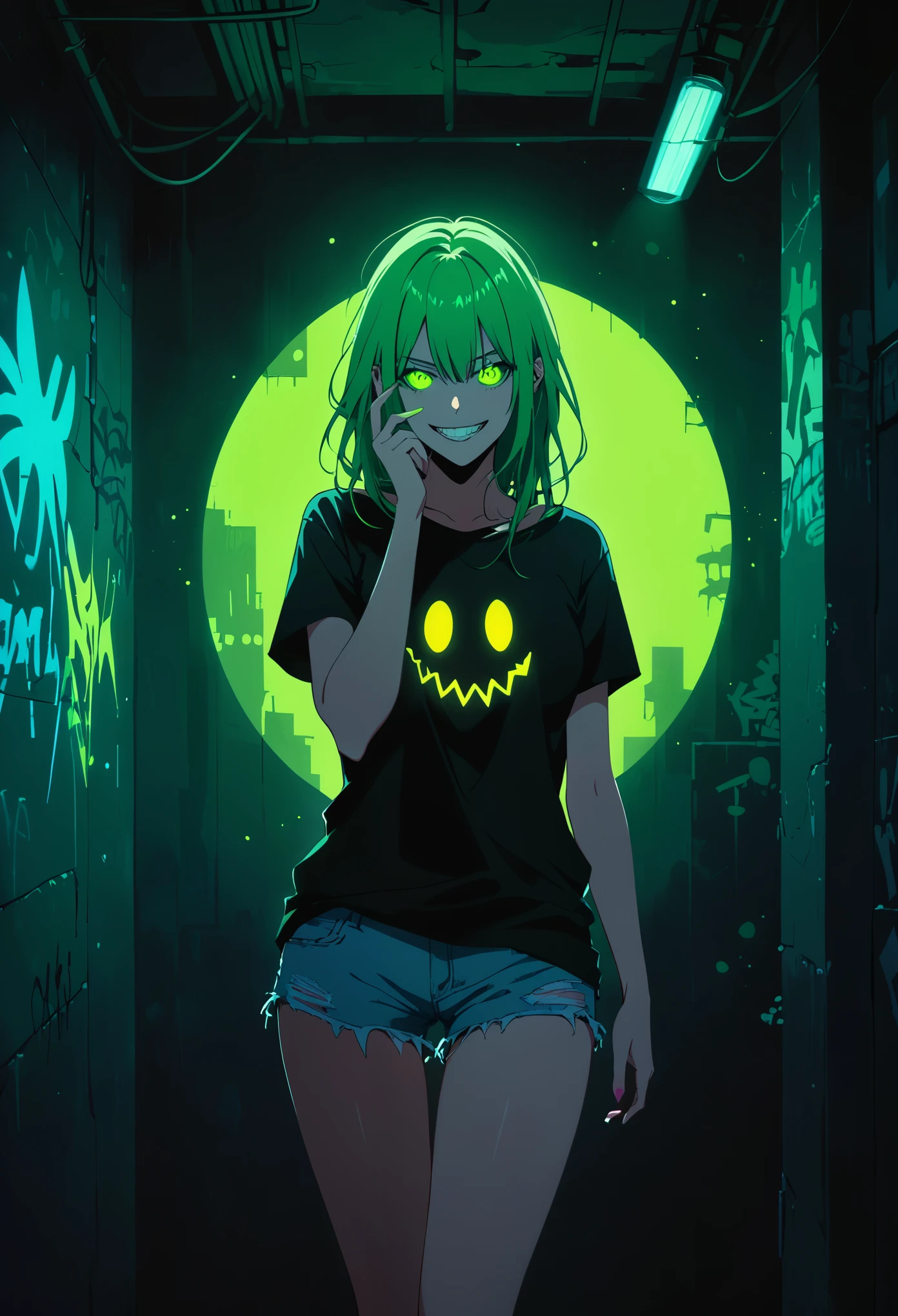 (Portrait of a mysterious giant eye)，indoor，Fluorescent illumination，（Darkness shrouded，Wall background，black background，silhouette，shadow，extreme darkness：3.0），Minimalist graffiti style background，Fluorescent green eye graffiti，Dark atmosphere，cowboy shot,1girl,Oversized black T-shirt，Medium Breast，Waistless T-shirt，（underboob），blurred background，Blurred foreground，Green fluorescent hair，Fluorescent green eyes，Hand raised and touching hair，long hair，Messy hair，Low rise denim shorts，Over-the-knee boots，pink eye shadow，Ruined eyeshadow，Grin，Open your mouth，Devil smiley，middle finger，Shark Teeth，