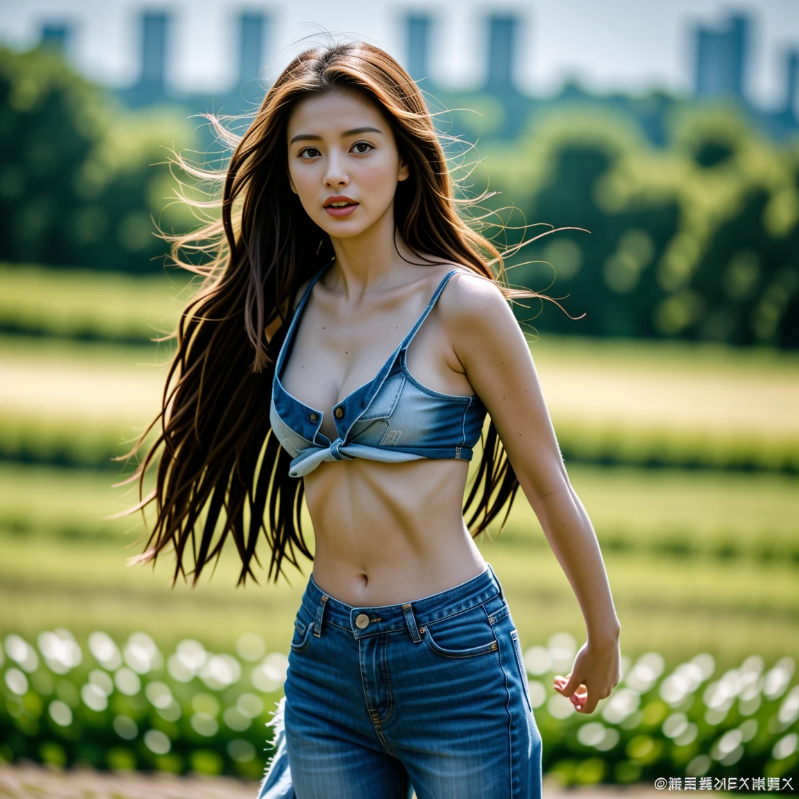 Best picture quality, Masterpiece, Ultra high resolution 8K, photograph, 1 Asian girl gets a beauty makeover, her long hair blows in the wind. The sun shines on her beautiful, realistic face and her six-pack abs are outstanding. Very large breasts, prominent, shiny, bouncy., Looking straight, action with various seductive poses, wearing jeans and bikinis.) Sexy colorful old ripped jeans shirt.;) Lively wet rain, Natural countryside, sunlight shining brightly,.. Picture clarity 8k, Taken with a high quality camera 45,000,000 pixels