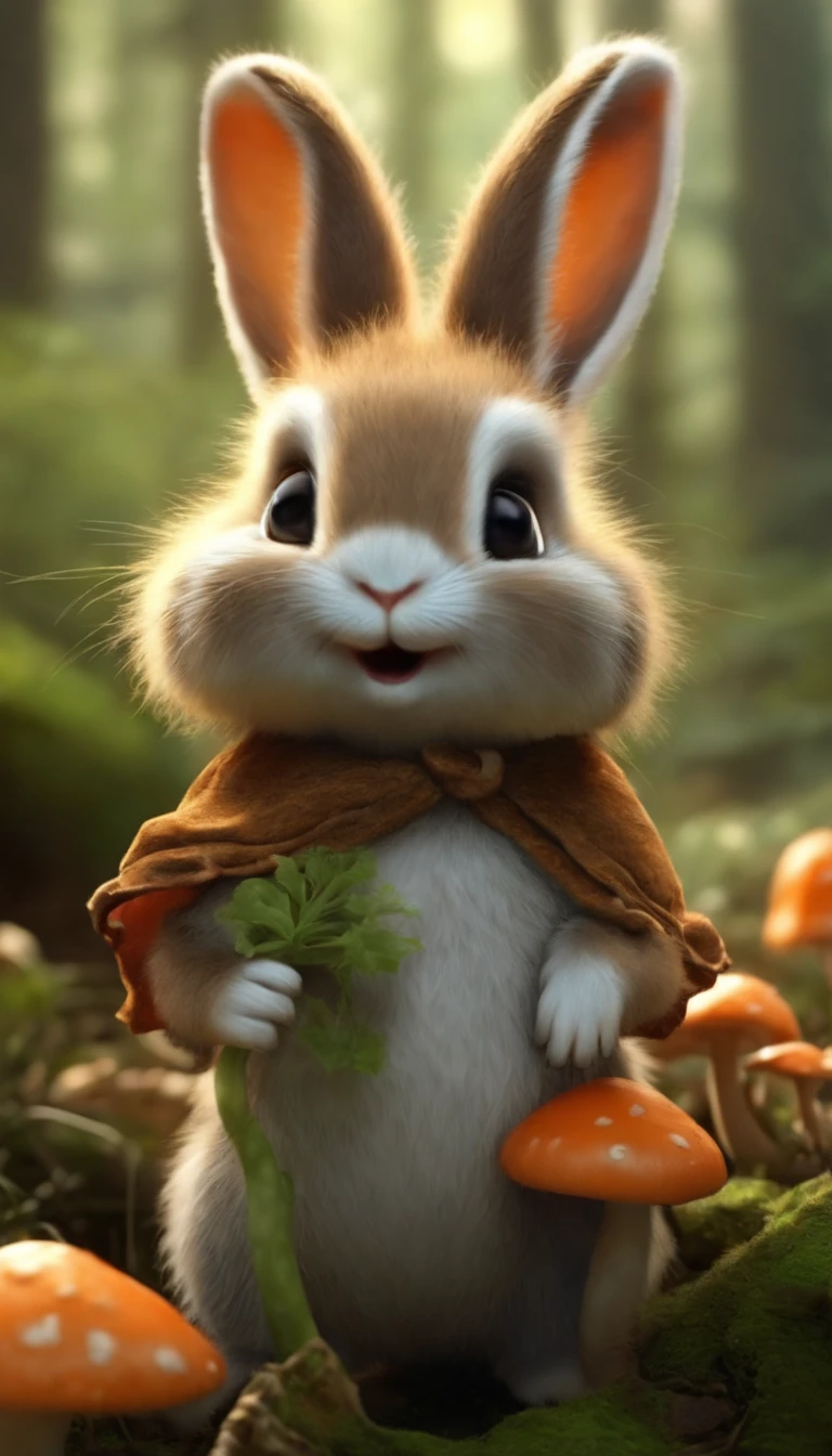 cute creature，Similar to a mix of rabbit and carrot, Lovely, solution, hairy, Vague, forest, mushroom, 戴上mushroom帽