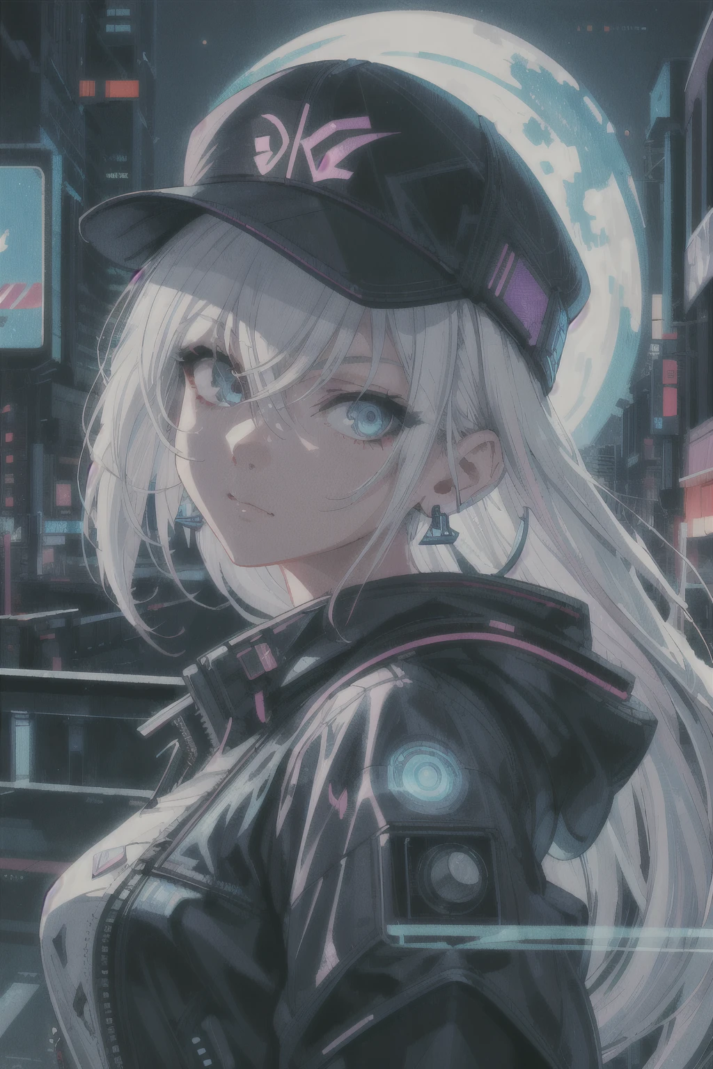 1 assassin girl, solo, colorful, blue eyes, cyberpunk, cityscape, moon background, peace sign, earrings, white hair, hat, neon sign, beautiful lights, character focus, CG illustration, bust shot, white color jacket, 8k resolution, very detailed, anatomically correct, digital painting, concept art, clear picture,