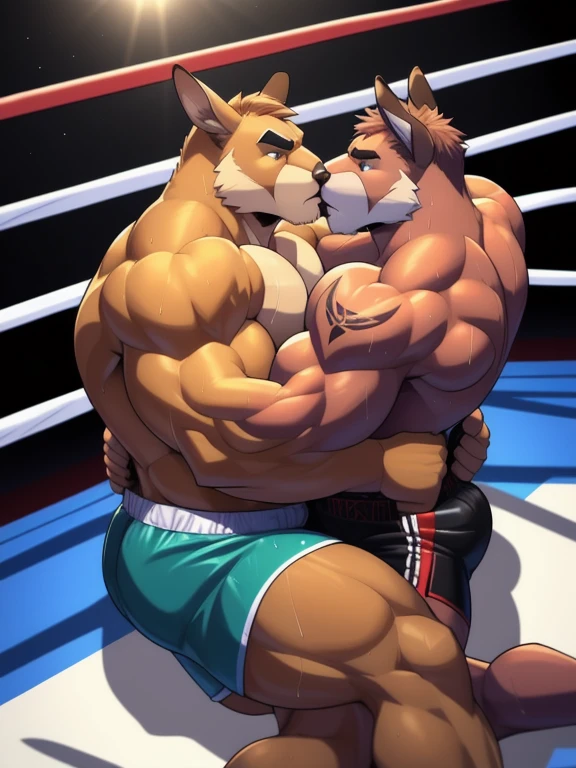 Duo male fighters(Brown Kangaroo vs Brown Kangaroo, handsomes, perfect eyes, Thick eyebrows), beso gay(Cuddling lying down embraced, Overlapping each other bodies in a boxing match, back perspective, kissing each other), hot(Full body, shirtless), handsomes(They are handsomes, correct anatomy), musculosos(Big muscle bodies, Six packs, muscle abs, big pecs, muscle legs, muscle backs), sweaty(very sweaty wet bodies), tatuajes(they have tattoos), Angry(They have an angry expression), Boxing gloves(They both are wearing boxing gloves), boxers(They are wearing shorts boxers), Hight resolution