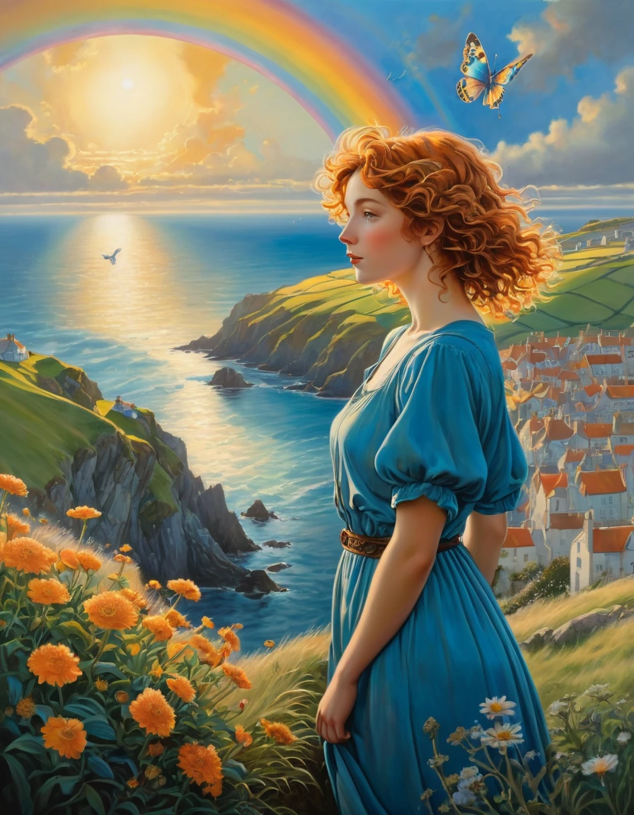 A breathtaking photorealistic oil painting by Don Lawrence, inspired by Alphonse Mucha and the Studio Ghibli aesthetic, capturing a beautiful British [woman:Maude Adams:0.1] with short, curly ginger hair. She stands atop a hill, gazing at the picturesque Cornwall city below. The warm sunset colors create a stunning contrast with the cool blues of the city, as a seagull soars in the sky. A butterfly hovers near vibrant flowers in the foreground, while a rainbow arches across the heavens. The overall atmosphere of the painting is cinematic and evocative, with the composition inviting viewers to immerse themselves in this enchanting scene., cinematic, painting