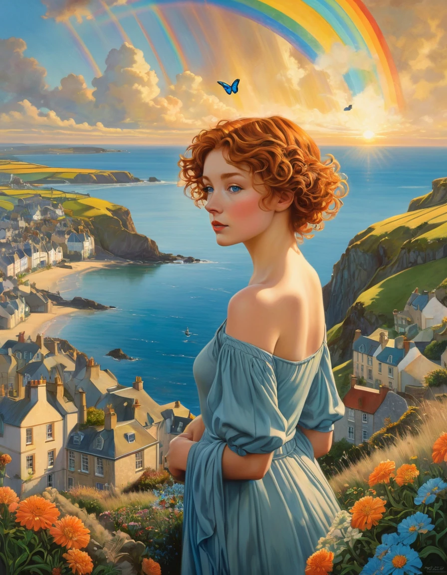 A breathtaking photorealistic oil painting by Don Lawrence, inspired by Alphonse Mucha and the Studio Ghibli aesthetic, capturing a beautiful British [woman:Maude Adams:0.1] with short, curly ginger hair. She stands atop a hill, gazing at the picturesque Cornwall city below. The warm sunset colors create a stunning contrast with the cool blues of the city, as a seagull soars in the sky. A butterfly hovers near vibrant flowers in the foreground, while a rainbow arches across the heavens. The overall atmosphere of the painting is cinematic and evocative, with the composition inviting viewers to immerse themselves in this enchanting scene., cinematic, painting
