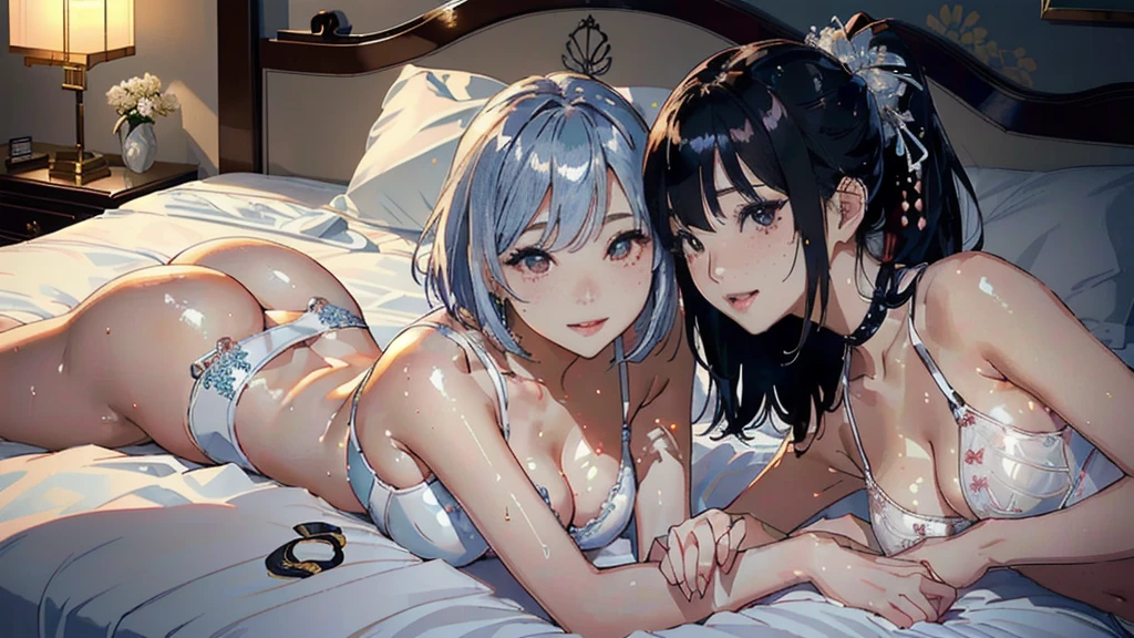 ((random pose)).A glamorous love hotel,On a decorated bed,A Japanese woman in white underwear holding her body, Japanese woman with bob cut lying down, Two Japanese women in their 20s hugging each other, evil smile, Japanese woman looking away, random pose,2 Japan women,Genuine young gravure idol, Young and beautiful gravure idol, Chiho, 8K)), 若いsensualグラビアアイドル, Wet, shiny skin!!, Shiny silver, Mole under left eye,Cute freckles on the cheeks,((beautiful skin)),((skin texture)),((Real Touch)), healthy,ruddy skin, beautiful clavicle, Tie your hair with a rubber band,ponytail, ((Embellished Detail Bra,sensual)),Danmei,Melting eyes.Mean smile,Lie down with your body facing the camera,