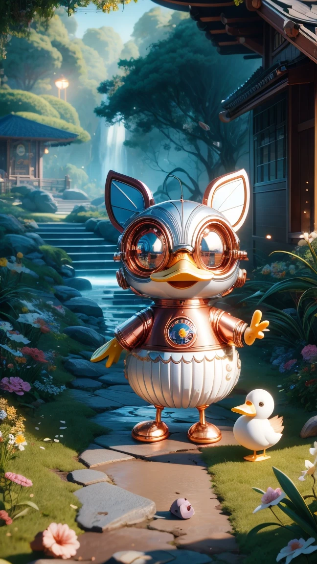 Pixar style, (Blind box toy style:1.2), Cute mechanical duck wearing clothes，透明发Light，霓虹灯Light，High precision mechanical parts，Its body is made of high-quality copper and silver.，眼睛像两颗发Light的宝石，Clean, White background, (global illumination, Light线追踪, high dynamic range, Unreal rendering, Reasonable design, high detail, masterpiece, best quality, ultra high definition, Light)，chibi, 3d