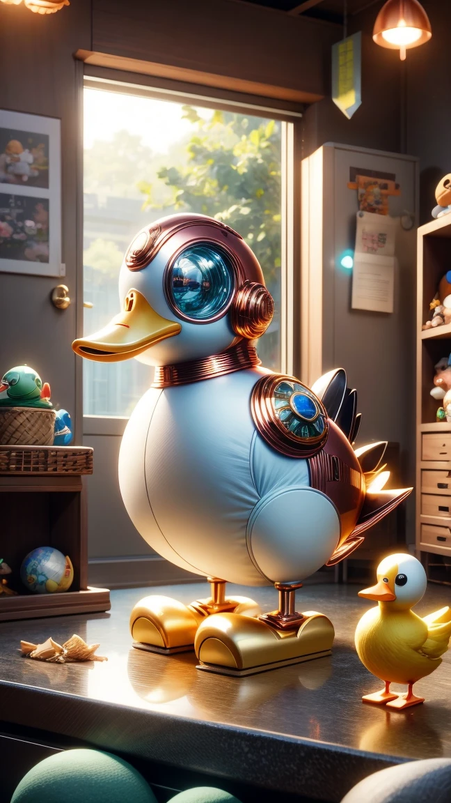 Pixar style, (Blind box toy style:1.2), Cute mechanical duck wearing clothes，透明发Light，霓虹灯Light，High precision mechanical parts，Its body is made of high-quality copper and silver.，眼睛像两颗发Light的宝石，Clean, White background, (global illumination, Light线追踪, high dynamic range, Unreal rendering, Reasonable design, high detail, masterpiece, best quality, ultra high definition, Light)，chibi, 3d