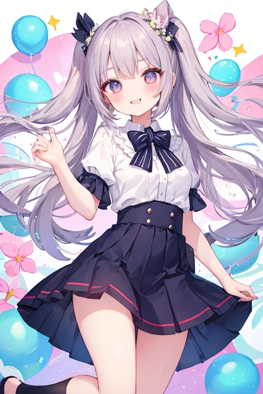 beautiful illustrations, highest quality, pretty girl,beautiful girl、clear face、 half girl、pastel colour 、blush、perfect hands、five fingers、thighs、(perfect face:1.1), smile、between legs、skirt、girl jumping、butt