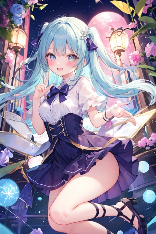 beautiful illustrations, highest quality, pretty girl,beautiful girl、clear face、 half girl、pastel colour 、blush、perfect hands、five fingers、thighs、(perfect face:1.1), smile、between legs、skirt、girl jumping、butt