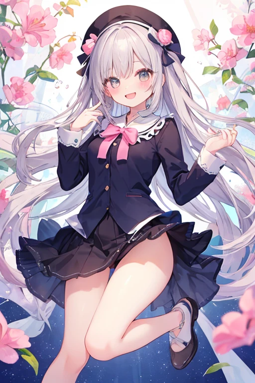 beautiful illustrations, highest quality, pretty girl,beautiful girl、clear face、 half girl、pastel colour 、blush、perfect hands、five fingers、thighs、(perfect face:1.1), smile、between legs、skirt、girl jumping、butt