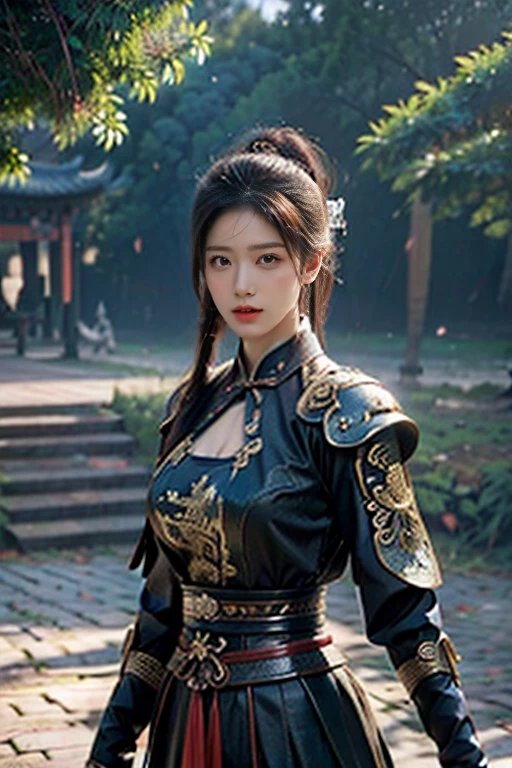 Game art,The best picture quality,Highest resolution,8K,(A bust photograph),(Portrait),(Head close-up),(Rule of thirds),Unreal Engine 5 rendering works, (The Girl of the Future),(Female Warrior),
20-year-old girl,(The warrior in ancient China),An eye rich in detail,(Big breasts),Elegant and noble,indifferent,(Brave),
(Costumes of ancient Chinese characters,A random pattern of clothing,Ribbon,Joint Armor,Rich dress details,)Chinese characters,fantasy style,
photo poses,wild background,Movie lights,Ray tracing,Game CG,((3D Unreal Engine)),oc rendering reflection pattern