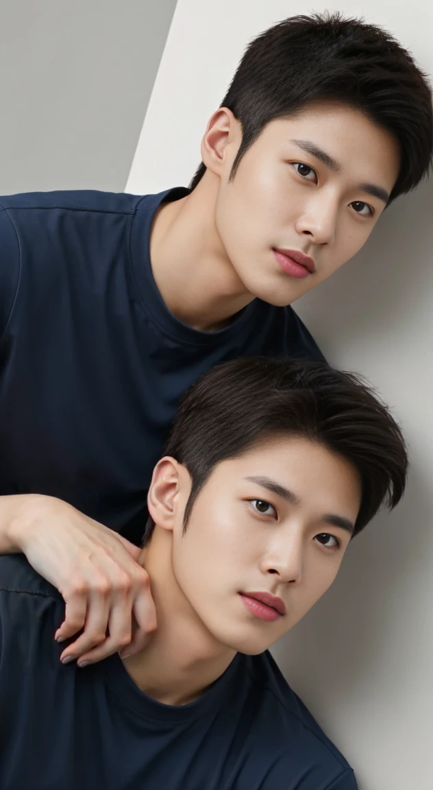 Two male lovers in their 20s took a photo together...., Wear a navy shirt......................, High resolution, masterpiece, best quality, head:1.3,((Hasselblad photos)), delicate skin, Full chest muscles，abdominal muscles，Topless，Ultra-thin tight baseball pants，very handsome，Clear focus, (Cinema lighting), night, soft light, Dynamic angle, [:(Detailed face:1.2):0.2],(((exercise))), kinetic, Arm muscles are big........., hands on hips.