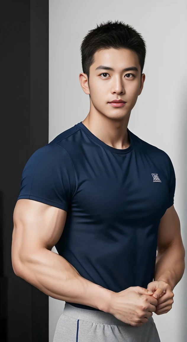 25-year-old man, wearing light blue shirt and loose-fitting violet gym pants with yellow, European fit man, fit man, hot man, handsome actor, Zheng Yecheng