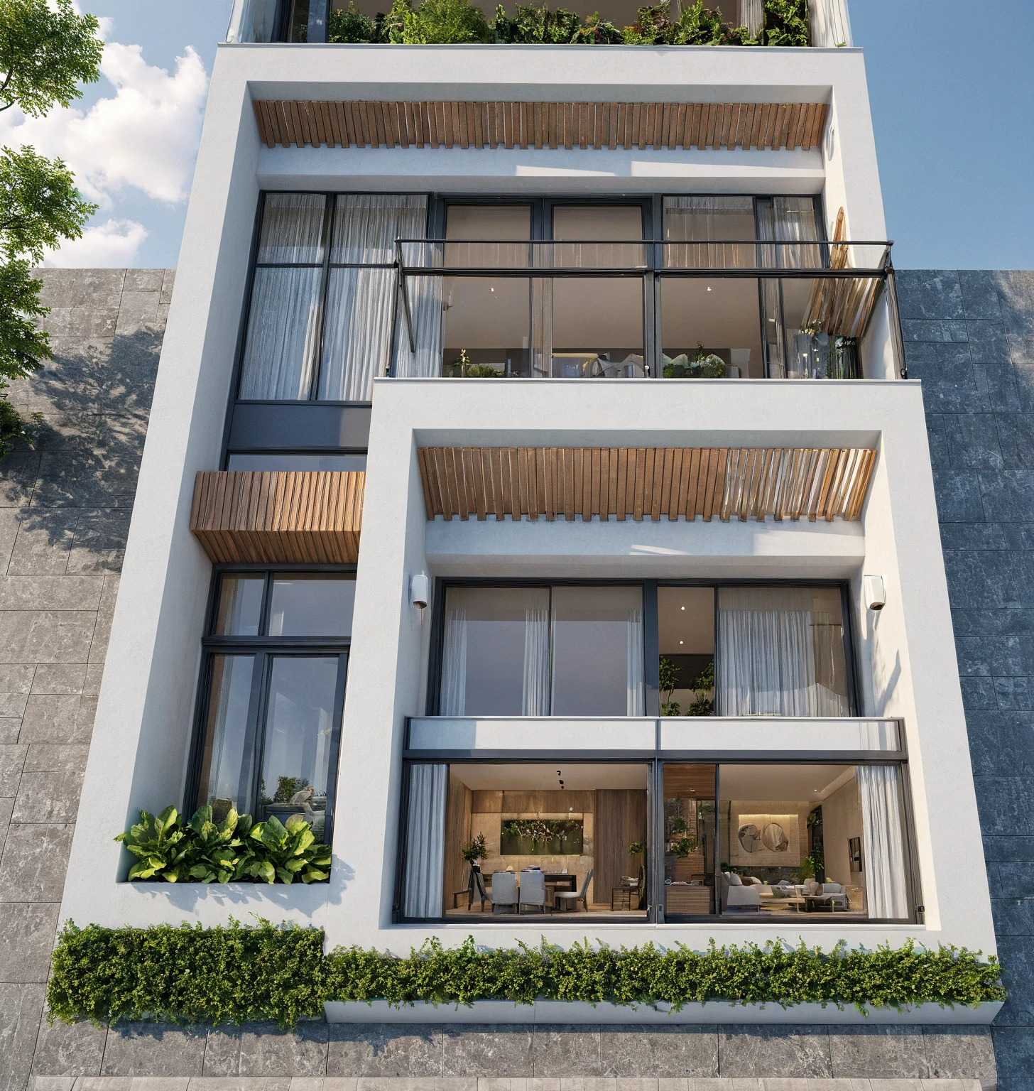 a rendering of a modern house with a balcony and a balcony, low angle dimetric rendering, mid-view, 3 / 4 view, 3/4 view, detailed rendering, modern lush condo as shopfront, exterior design, architectural concept, street top view, perspective view, 3d rendering, rendered, 3 d rendering, 3/4 view realistic