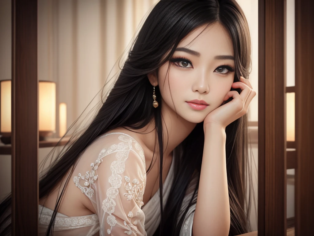 [best quality,4k,8k,highres,masterpiece:1.2],portrait,beautiful detailed eyes,beautiful detailed lips,extremely detailed eyes and face,long eyelashes,Asian beauty,dark hair,feminine look,expressive gaze,natural beauty,soft features,subtle smile,graceful pose,captivating expression,candid photography,vibrant colors,warm color palette,soft lighting,ethereal atmosphere