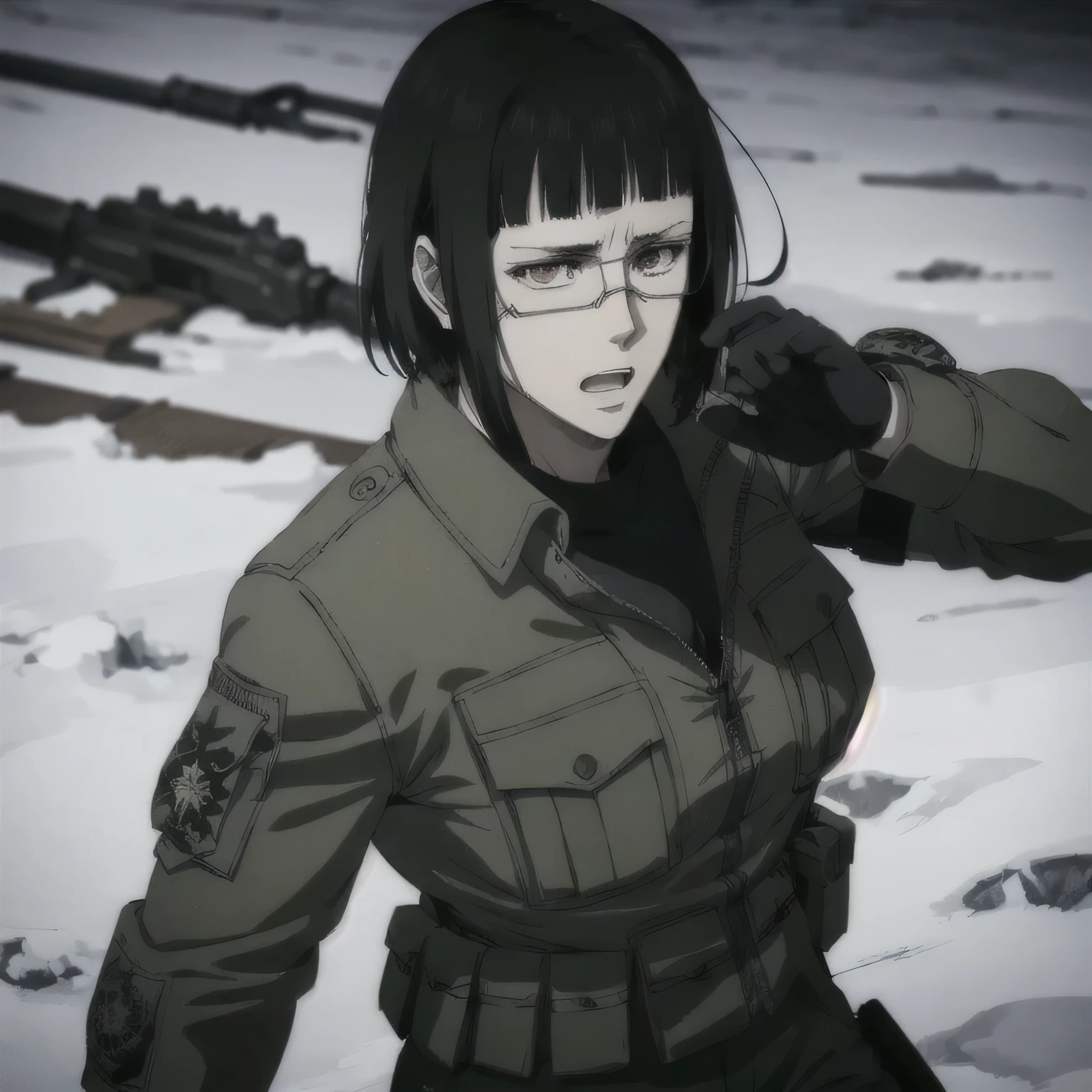 (best quality,ultra-detailed,realistic:1.37),musclaur badass girl wearing Winter jacket and Camouflage combat trousers, full review of the female character's face and body, intense expression, strong and confident posture, studio lighting, vivid colors, physiologically-based rendering, grungy texture, rugged background, dust particles in the air, commanding presence, professional, powerful, gritty aesthetics,,Valmet،short hair,necklace,hold sword