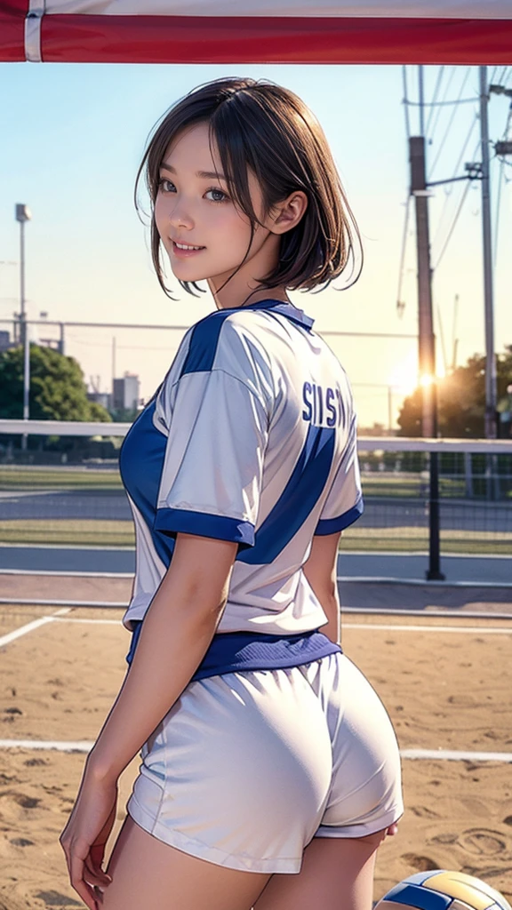 8K, Raw photo, highest quality, masterpiece, realistic, Photoreal, (1 Ultimate beauty), 21 years old, highly detailed face, (perfect teeth), detailed eye, double eyelid, eyelash, grin and laugh, lip details, brunette bob, big breasts, ((white shorts, Blue Volleyball Uniform)), Utter and total focus: r,Volleyball Girls,, Koen-dori in Tokyo, soft light, ((Depth of written boundary)) 、Shot from the back、share、stick out your butt、With legs apart、