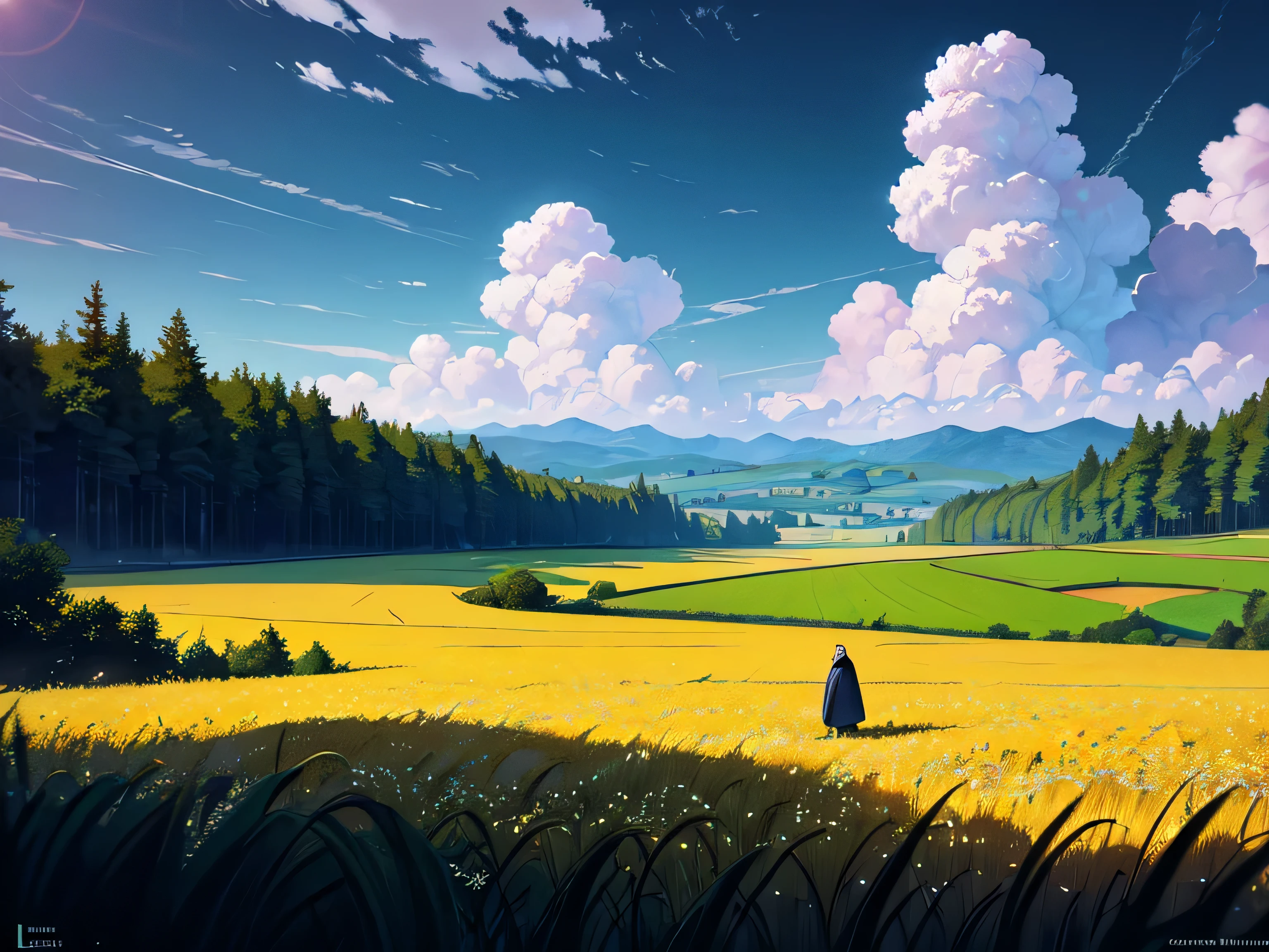 Wheat field, russian peasant witl long beard, standing in a wheat field, Russia, Leo Tolstoy, big clouds, blue sky, rice field, neat rice seedlings in the field, forest, hillside, secluded, rural, HD detail, hyper-detail, cinematic, surrealism, soft light, deep field focus bokeh, ray tracing and surrealism. --v6