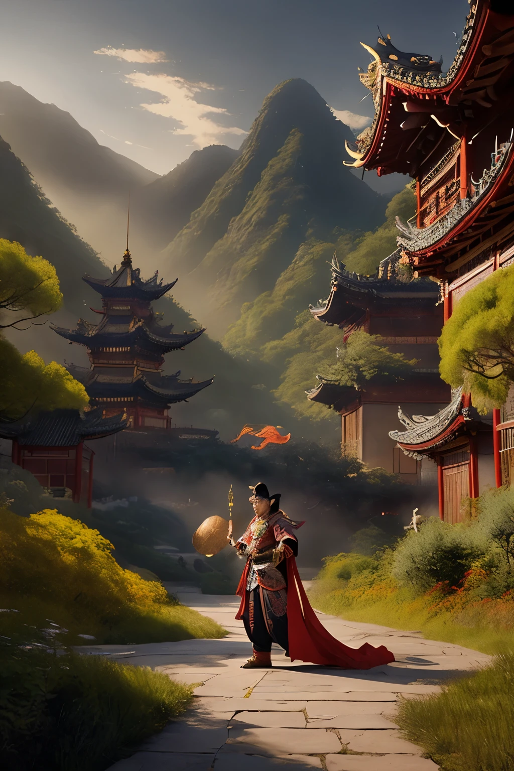 8K picture quality,Game of the original painting,Original Landscape,There is a costume character,,Picture and character ratio 8:1,Stand at the foot of Mt,There is a dragon in the middle of the picture,Shanshui Chinese style(3:2),Complex graphics,Chinese style elements,,,Dark side is rich in content,There are 20 Chinese buildings in the middle of the mountain。Craig Mullins,Ignacio Fernandez Rios is the best,