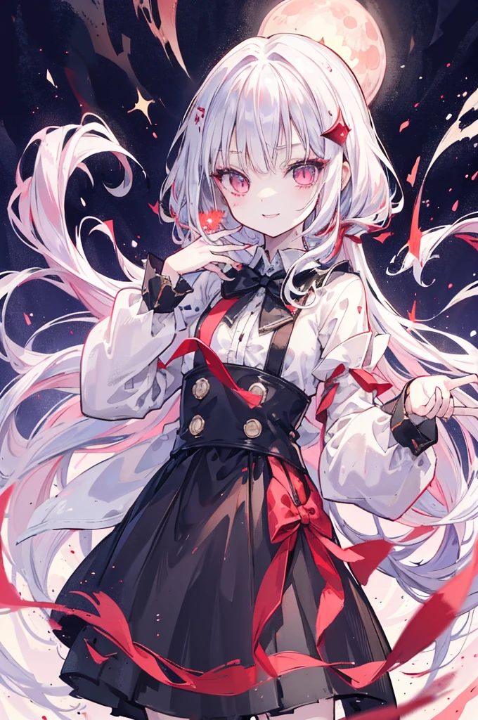 (best image quality)、young girl、human、Magician always smiling 、Yay、long white hair、Red eyes and hollow eyes、bangs are heavy、thin eyebrows、fantasy、intake、double teeth、star motif、Seiza motif、Monochrome clothing-style decoration、cape、A little dark atmosphere、A little crazy smile、Red Moon、big moon、Blood return、Black star hair ornament、short tie、No nails、high waist skirt、flare sleeves、long sleeve shirt、black tie、
