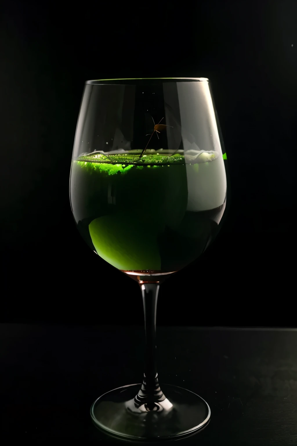 glass of wine with green liquid and insects in a black background