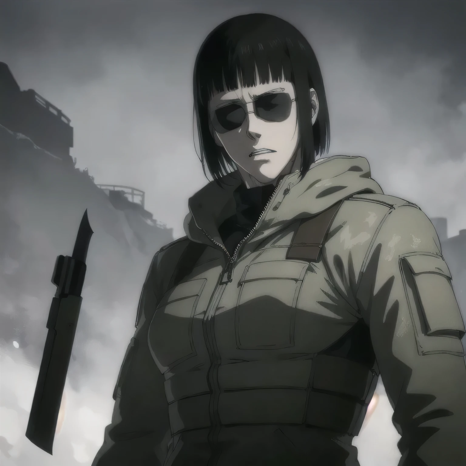 (best quality,ultra-detailed,realistic:1.37),musclaur badass girl wearing Winter jacket and Camouflage combat trousers, full review of the female character's face and body, intense expression, strong and confident posture, studio lighting, vivid colors, physiologically-based rendering, grungy texture, rugged background, dust particles in the air, commanding presence, professional, powerful, gritty aesthetics,,Valmet،short hair,necklace,sunglasses,knife