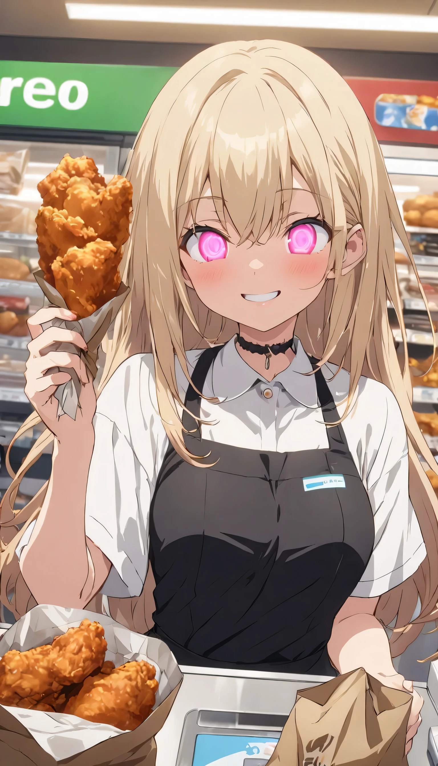 (highest quality、masterpiece、High resolution、detailed)anime style、flat style、(Shining eyes、detailed beautiful face), BREAK,1 girl、smile、convenience store clerk、Cashier part-time job、Handing the customer a paper bag containing fried chicken, BREAK,Inside a convenience store、anime