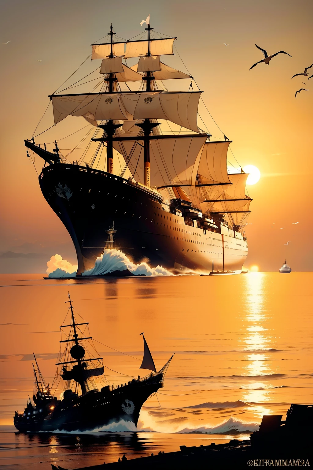 Foreign ships, grandes navios estrangeiros, emergiam na horizonte, suas sombras ominosas deslumbrando a costinha limpa. These imposing vessels, adorned with national insignias, cut through the tranquil waters with an air of uncertain intent. The sun began to set, casting a warm, orange glow over the scene, illuminating the ships' intricate details and highlighting their majestic silhouettes. Seagulls swooped and cried overhead, adding to the symphony of the mysterious encounter. The calm ocean lapped at the shore, providing a stark contrast to the looming presence of the ships. The horizon stretched on, a line