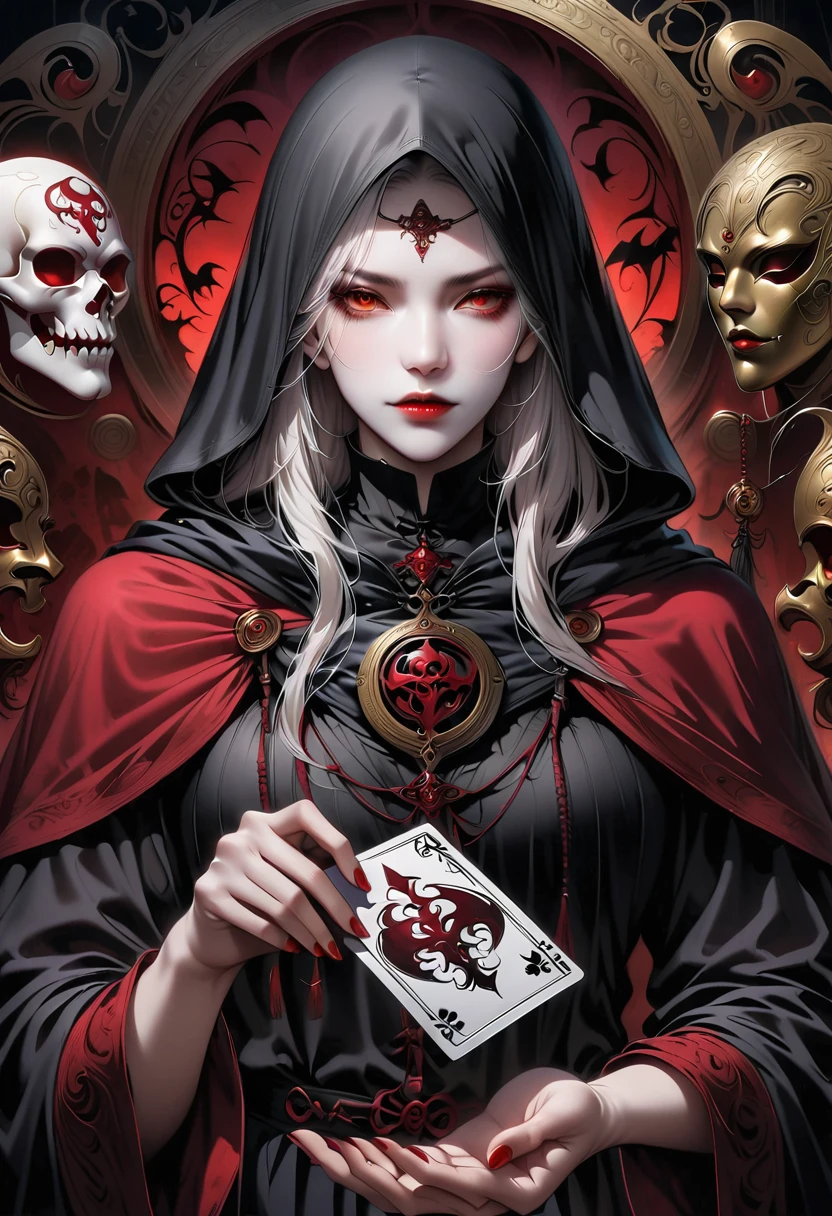 Metal photo frame，card，tarot cards：1.37.Mysterious fortune teller wearing hood，Finger taps an array of tarot cards in the air，Mystical symbols and elements，ancient mysterious atmosphere，Realistic illustrationeticulous details，Vibrant and energetic composition，dark style，gothic style