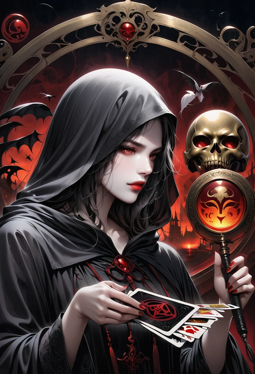 Metal photo frame，card，tarot cards：1.37.Mysterious fortune teller wearing hood，Finger taps an array of tarot cards in the air，Mystical symbols and elements，ancient mysterious atmosphere，Realistic illustrationeticulous details，Vibrant and energetic composition，dark style，gothic style