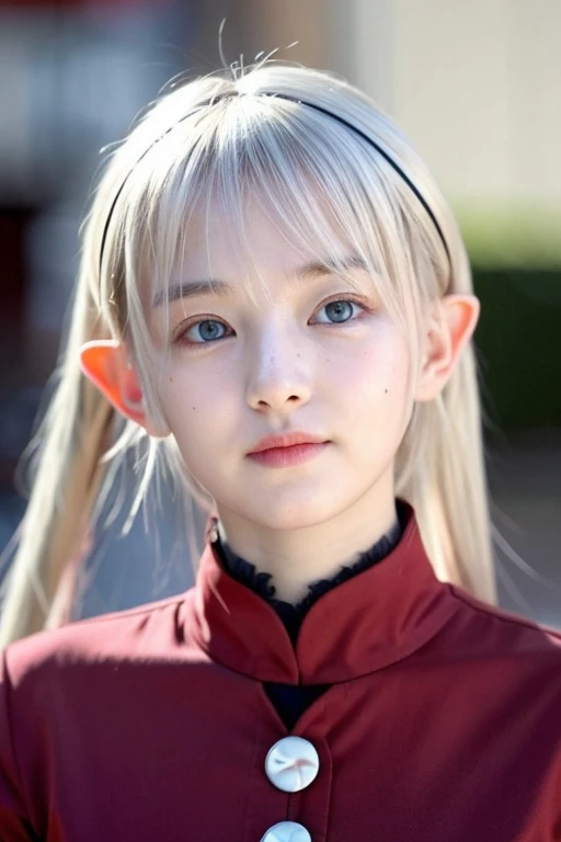 Silver-haired -face. Pointed ears to make her look younger. Hanging bangs and a listless face, like an anime character.　Be dignified