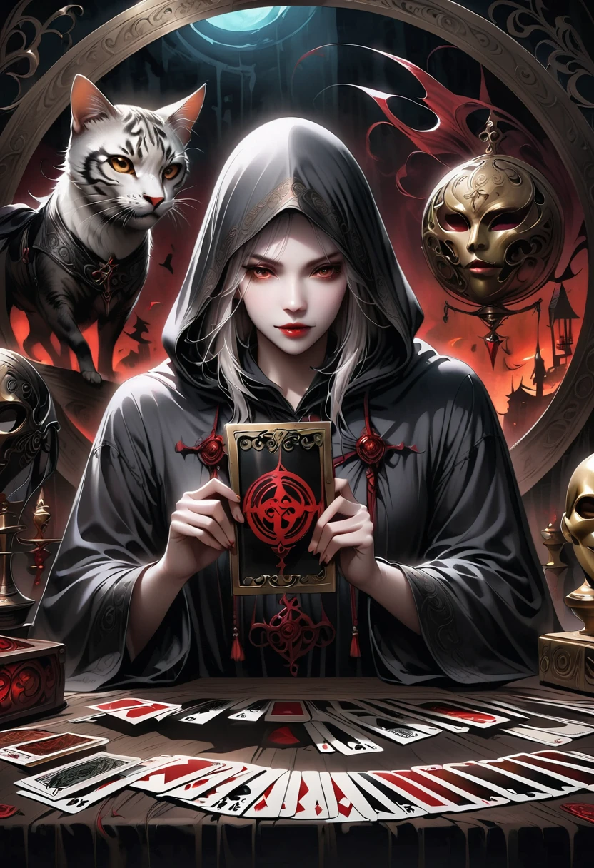 Metal photo frame,card,tarot cards:1.37.Mysterious fortune teller wearing hood,Finger taps an array of tarot cards in the air,Mystical symbols and elements,ancient mysterious atmosphere,Realistic illustrationeticulous details,Vibrant and energetic composition,dark style,gothic style