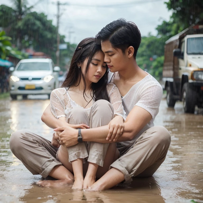 realiatik full hd kualitas tinggi, terlihat sepasang kekasih thailand usia 25 tahun, lagi duduk memeluk kekasih nya di tengah jalan yang berlumpur, dengan mengenakan pakaian teng top ringan,sambil bermain hujan, terlihat rapi, bersih, terang dan jernih, latar ada kendaraan lewat