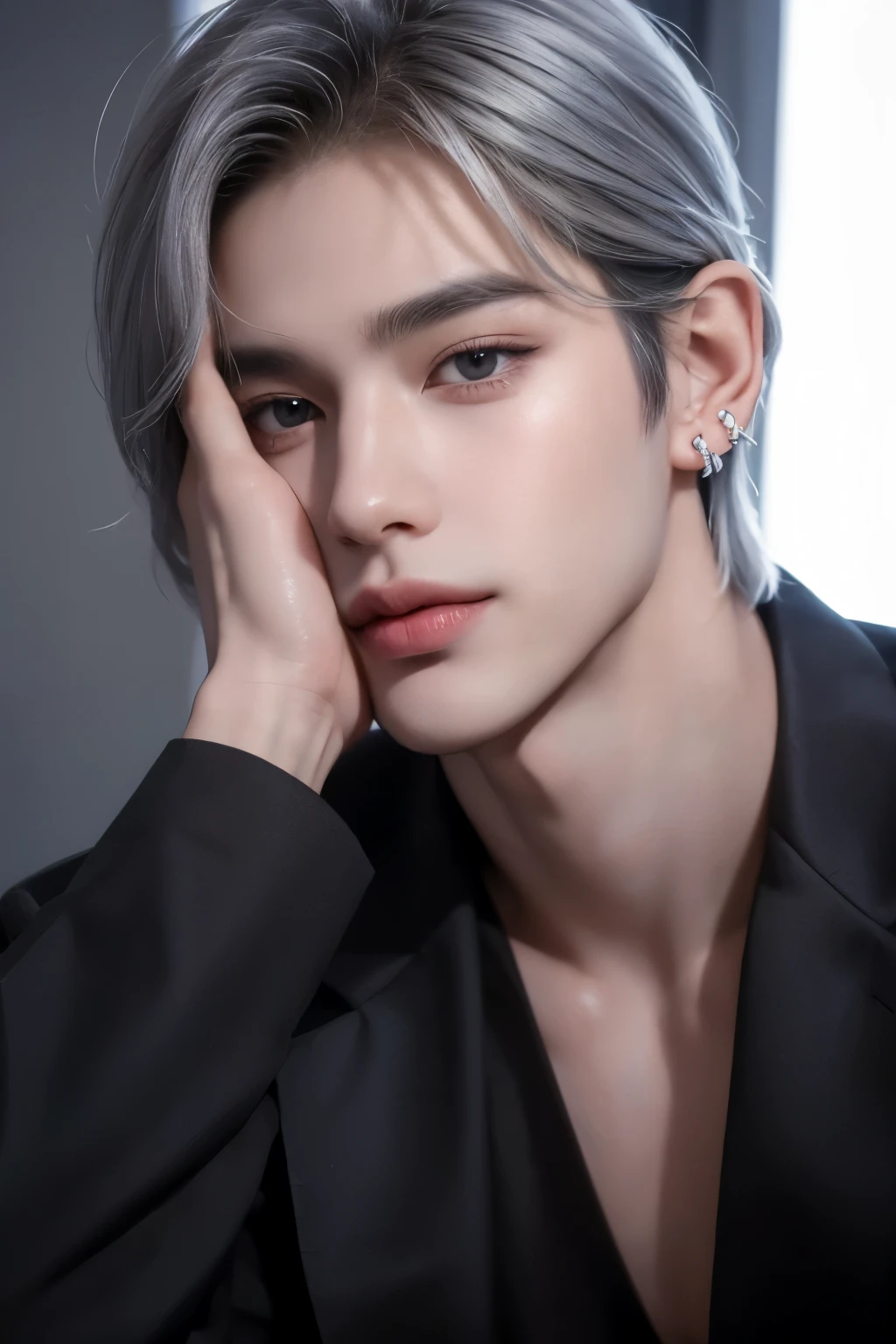 ((highest quality, 8K, masterpiece: 1.3)),Handsome host boy:1.5, 20-year-old、Delinquent boy、 Upper body、Sitting on the sofa with legs crossed、well-groomed face, silver hair color、thin face、Confident visuals、（white skin:1.5）、Look straight at me with your eyes looking up、悪いsmile、hand near face、silver eyes、boy with makeup、Super handsome、Extra-fine face, handsome nose, small eyes and face, beautiful lighting, High resolution, detailed mouth, smile, whole body: 1.5, perfect body shape、slim，Midial Hair、pointed hair set、suit、Chrome Hearts Silver Earrings、Pause